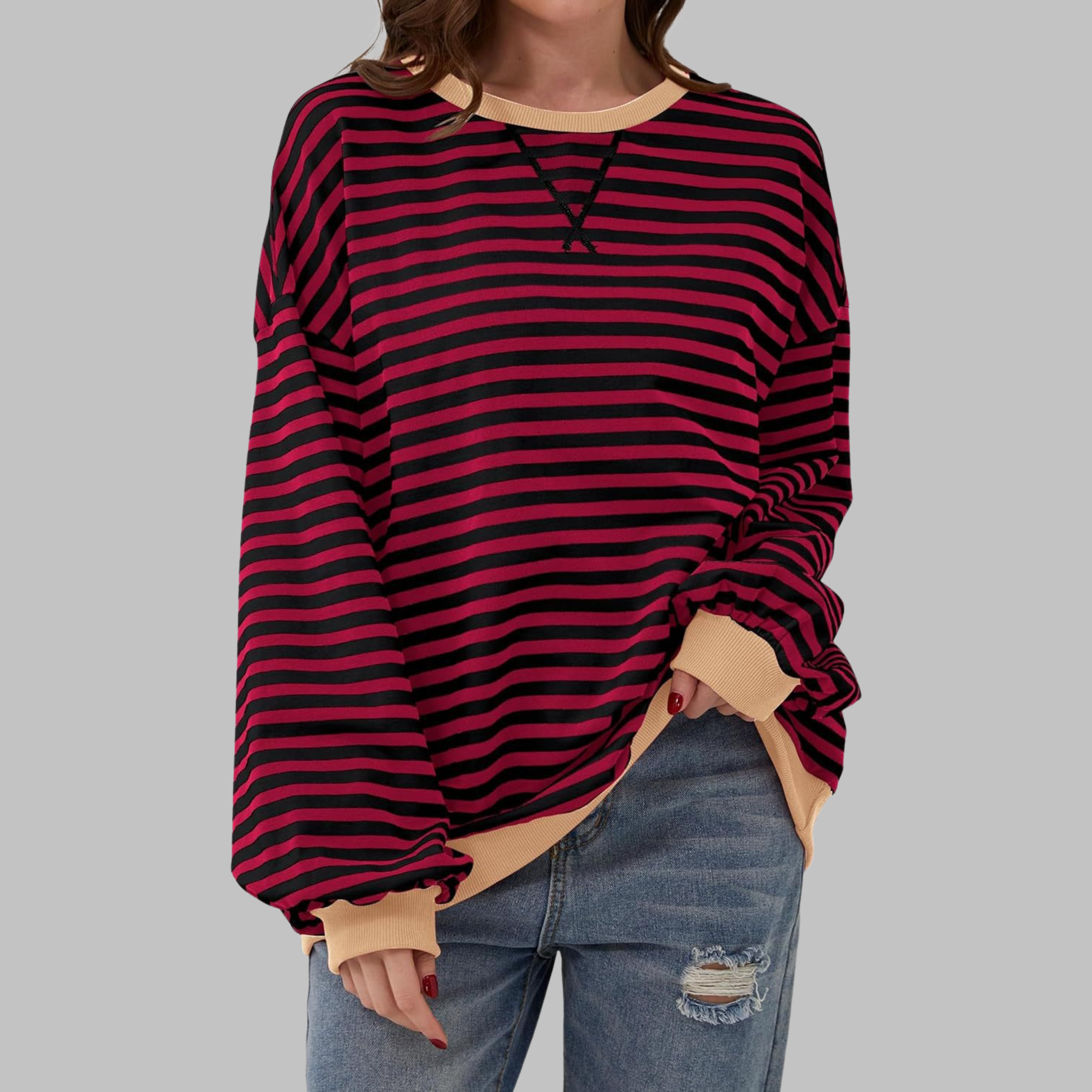 IRINA | Sudadera de Rayas de Manga Larga y Cuello Redondo