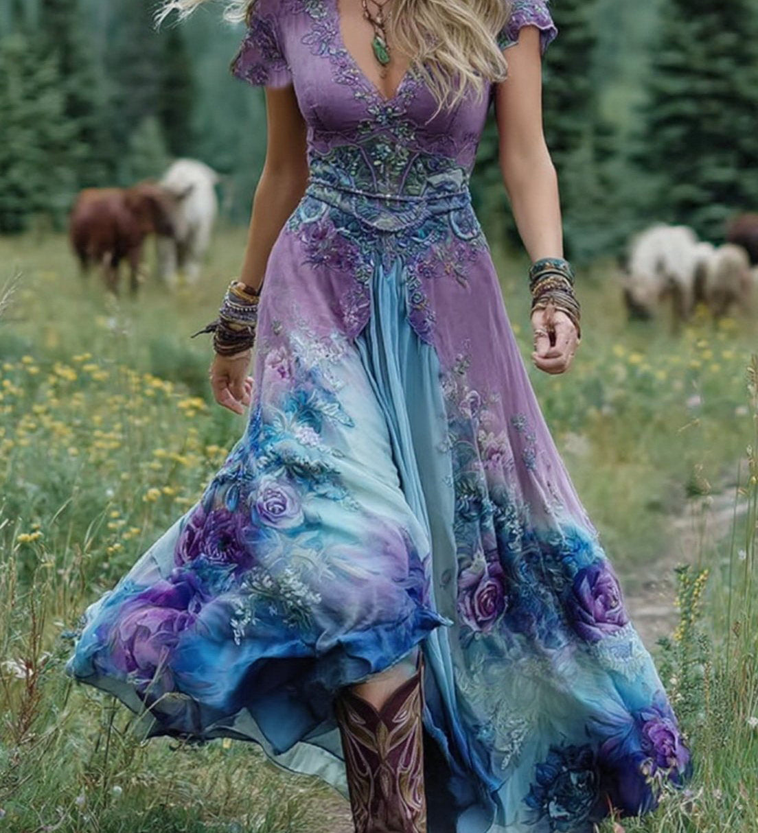 MARCINA | Vestido largo elegante con tonos florales