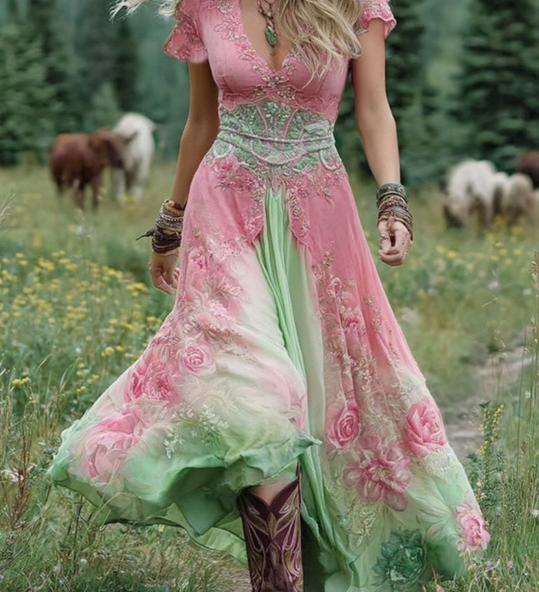 MARCINA | Vestido largo elegante con tonos florales