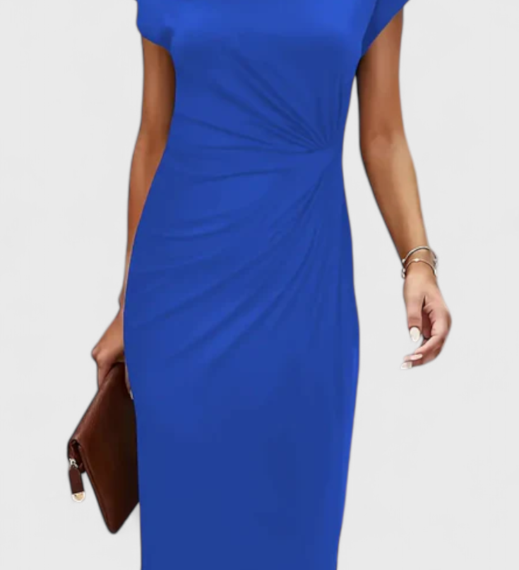 KATRINA | Vestido Midi Atemporal con Cuello Redondo y Detalle Drapeado