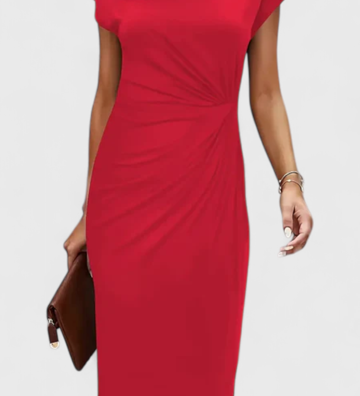 KATRINA | Vestido Midi Atemporal con Cuello Redondo y Detalle Drapeado
