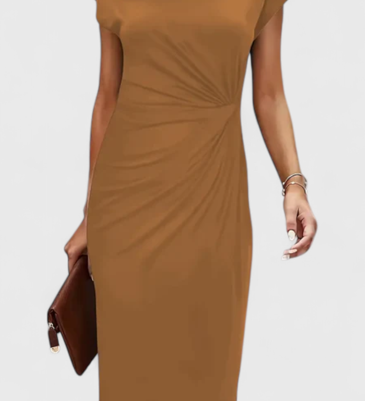 KATRINA | Vestido Midi Atemporal con Cuello Redondo y Detalle Drapeado