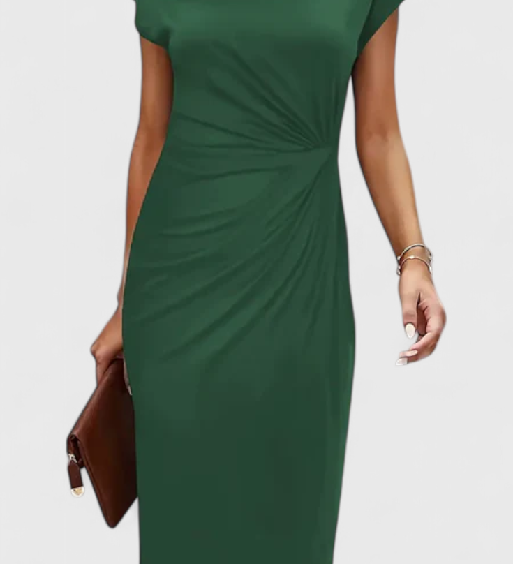 KATRINA | Vestido Midi Atemporal con Cuello Redondo y Detalle Drapeado