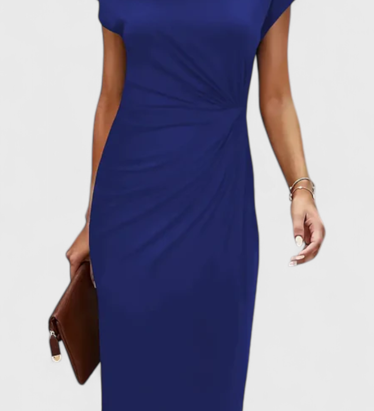 KATRINA | Vestido Midi Atemporal con Cuello Redondo y Detalle Drapeado