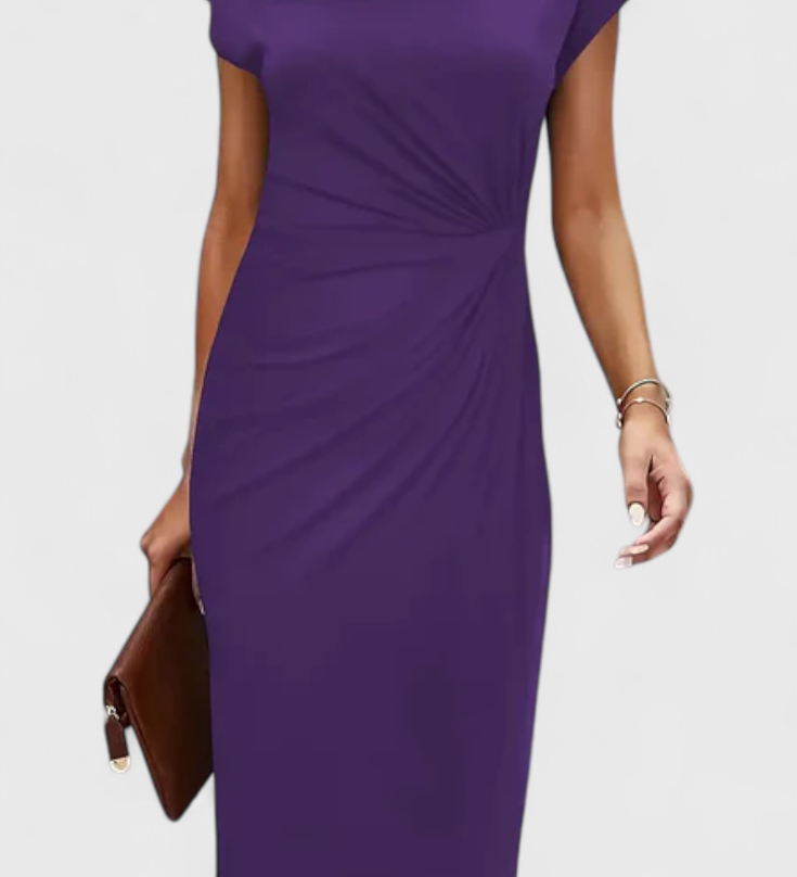 KATRINA | Vestido Midi Atemporal con Cuello Redondo y Detalle Drapeado