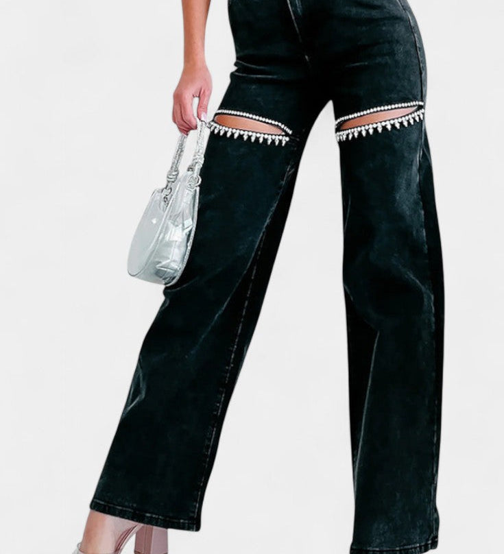 EVIAN | Jeans Ripped Straight-Leg con Rhinestones
