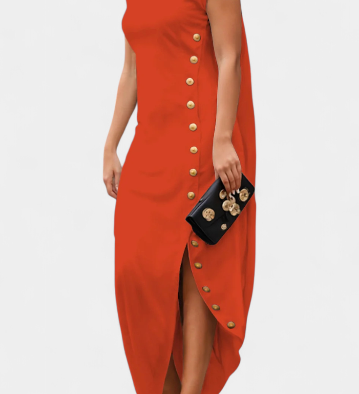 APHRODITE | Vestido Asimétrico con Botones Dorados Decorativos