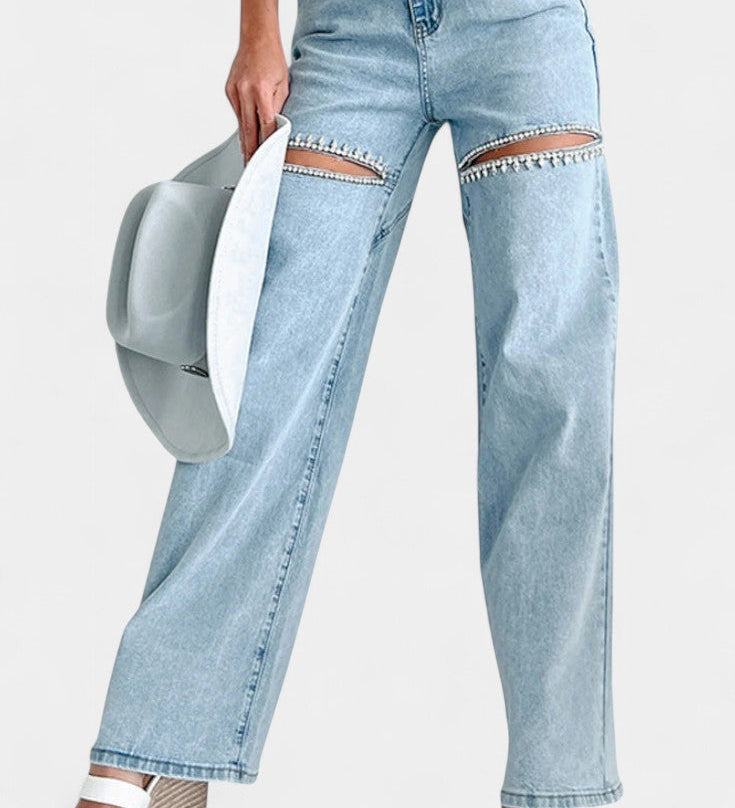 EVIAN | Jeans Ripped Straight-Leg con Rhinestones