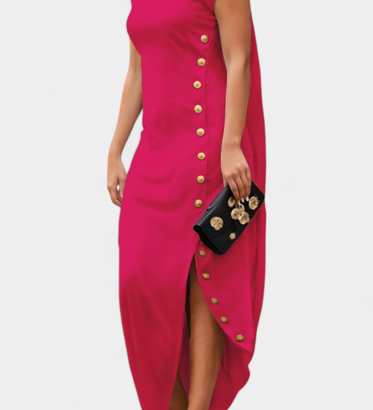 APHRODITE | Vestido Asimétrico con Botones Dorados Decorativos