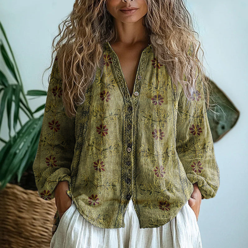 AMBAR | Blusa Vintage con Estampado de Hojas