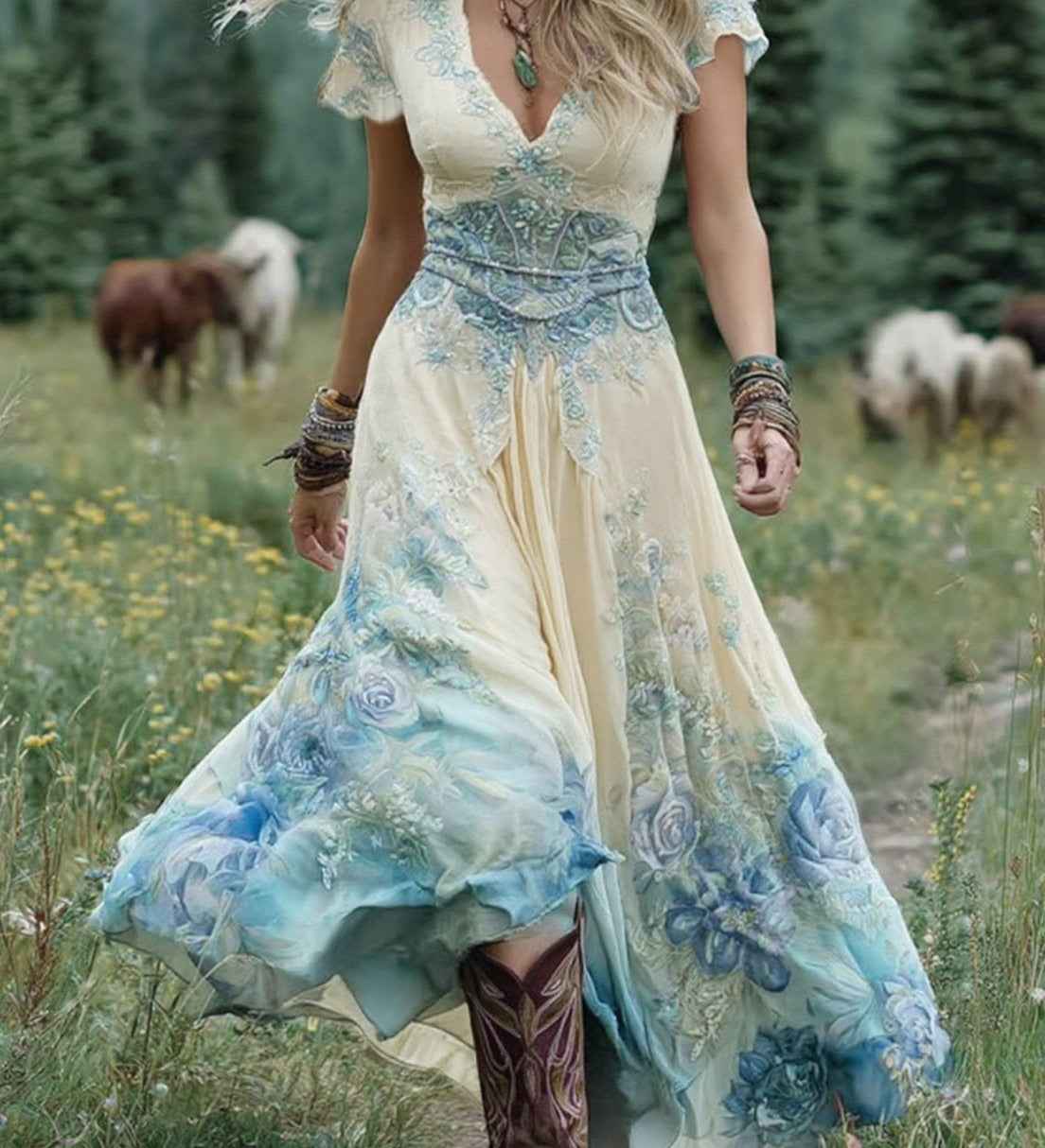 MARCINA | Vestido largo elegante con tonos florales